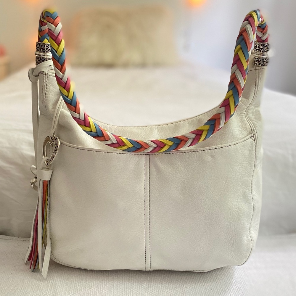 White Leather Brighton Rainbow Weave Handbag
